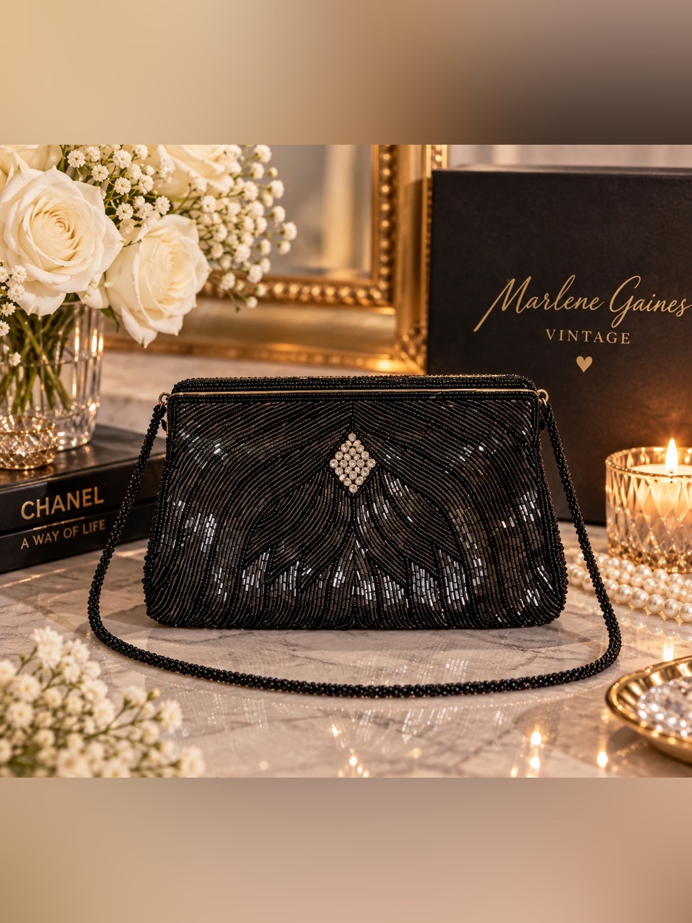 Vintage Marlene Gaines Elegant Black Beaded Evening Bag